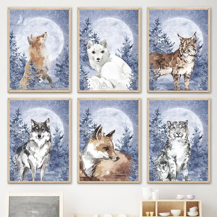 Акварель дикий лес животное полная луна волк лиса Лев искусство холст живопись