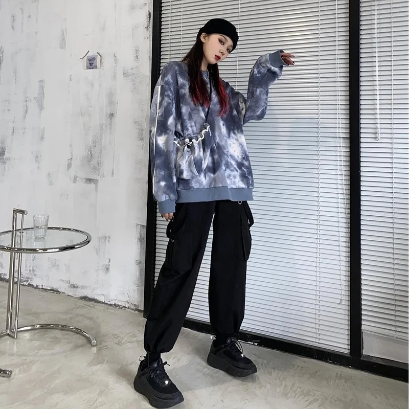 HOUZHOU Black Cargo Pants Women Streetwear Harajuku Gothic High Waist Trousers Techwear Kpop Oversized Autumn Winter Loose Pants