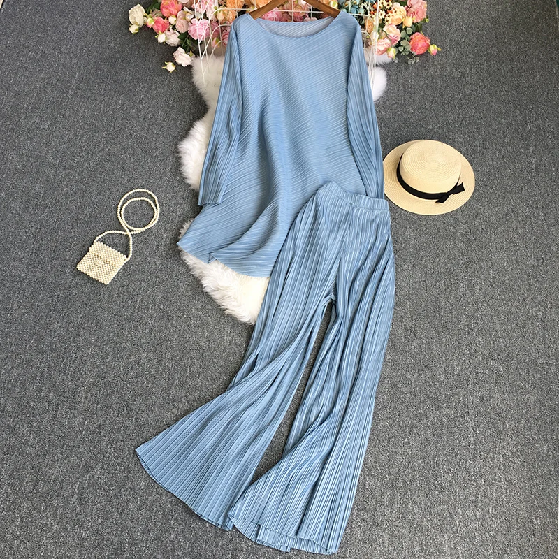 

Autumn 2 Piece Sets Womens Outfits Pleated Loose Long Sleeve Tops + Wide Leg Pants Office Lady Elegant Ensemble Femme 2 Pièces