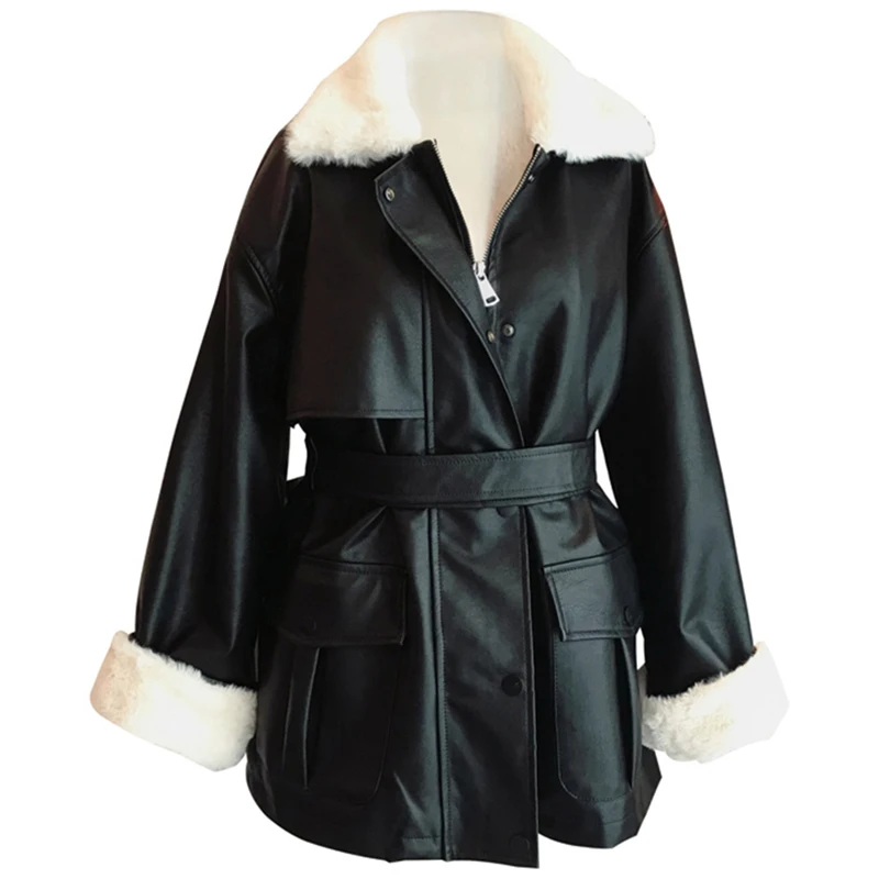Winter Oversized Leather Jacket Women with Faux Rex Rabbit Fur Inside Warm Soft Thickened Fur Lined Coat Black Leather Jackets