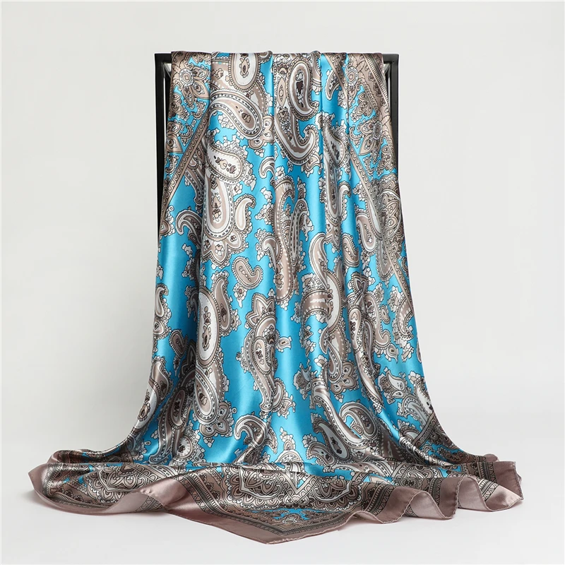 

Elegant Print Silk Satin Hair Scarf Women Luxury 90cm Neck Tie Female Shawl Wrap Spring Warm Beach Stoles Hijab Kerchief Bandana