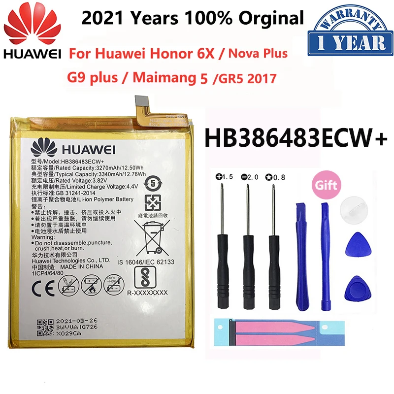 

Original Hua Wei Phone Battery HB386483ECW+ For Huawei Honor 6X G9 Nova Plus Maimang 5 / GR5 2017 3340mAh Replacement Batteries