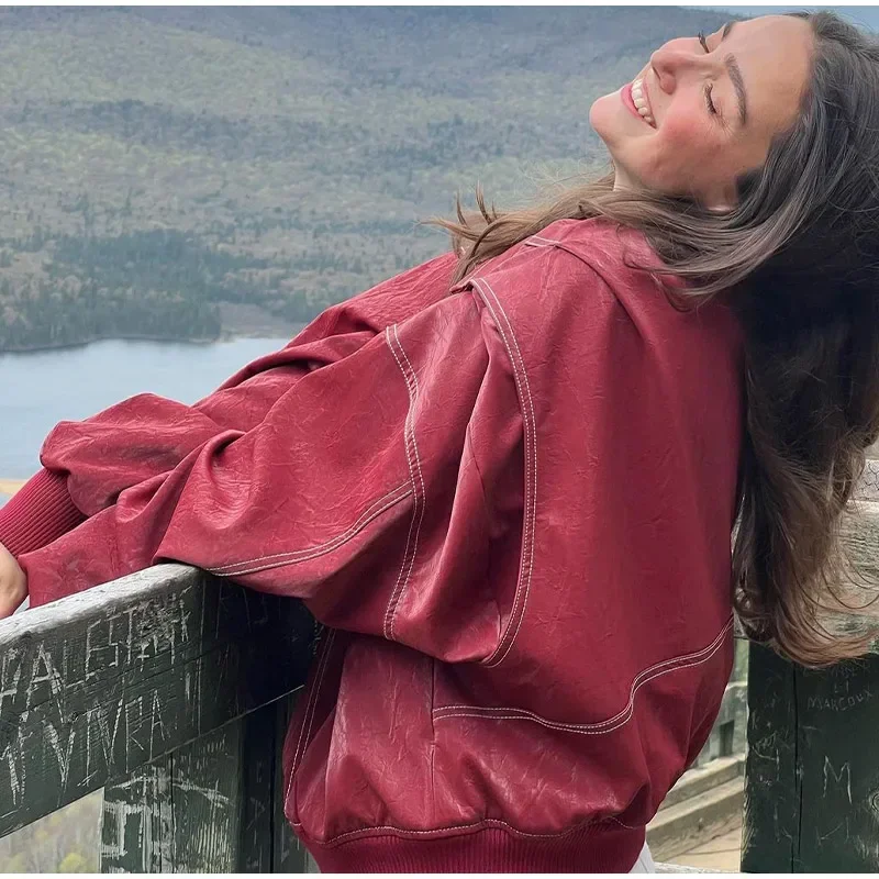 Осень 2024 женские кожаные куртки-бомберы на молнии повседневные полосатые пальто