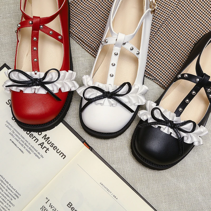Women Fashion Flats Heel Bow Rivet Buckle Strap Platform Ruffles Round Toe Cosplay Elegant Mary Janes Shoes Lace Red Black White