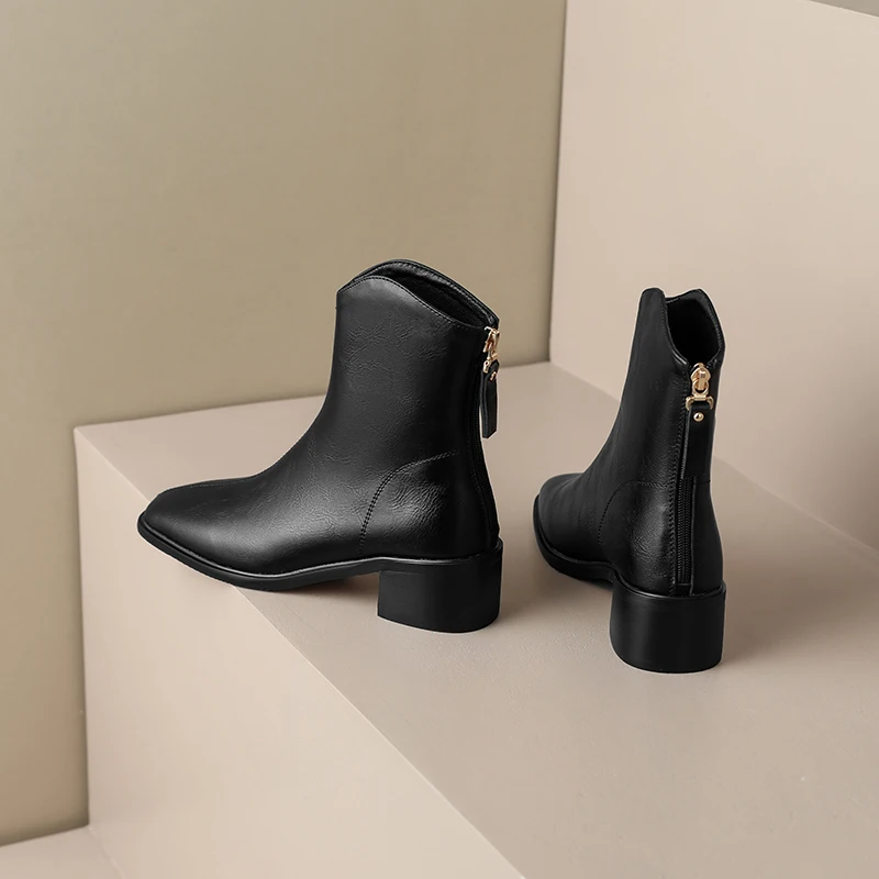 MythLuo Pumps Ankle Boots For Women Chunky Heels Boots Cow Leather Square Toe Mid Heels Office Ladies Casual Shoes Retro