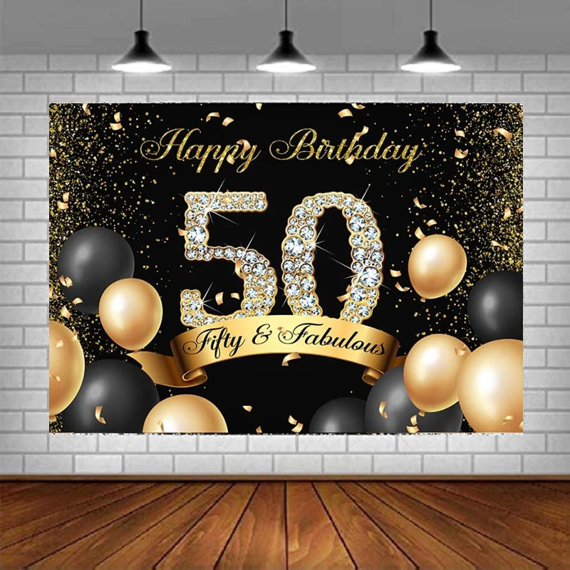 

50th Birthday Party Photography Backdrop Banner Black for Men Black Gold Balloons Happy Decorations Women Men Diamonds