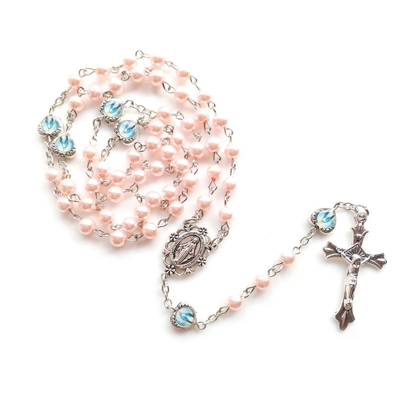 

QIGO Glass Imitation Pearl Rosary Necklace Cross Pendant Pink White Religious Jewelry