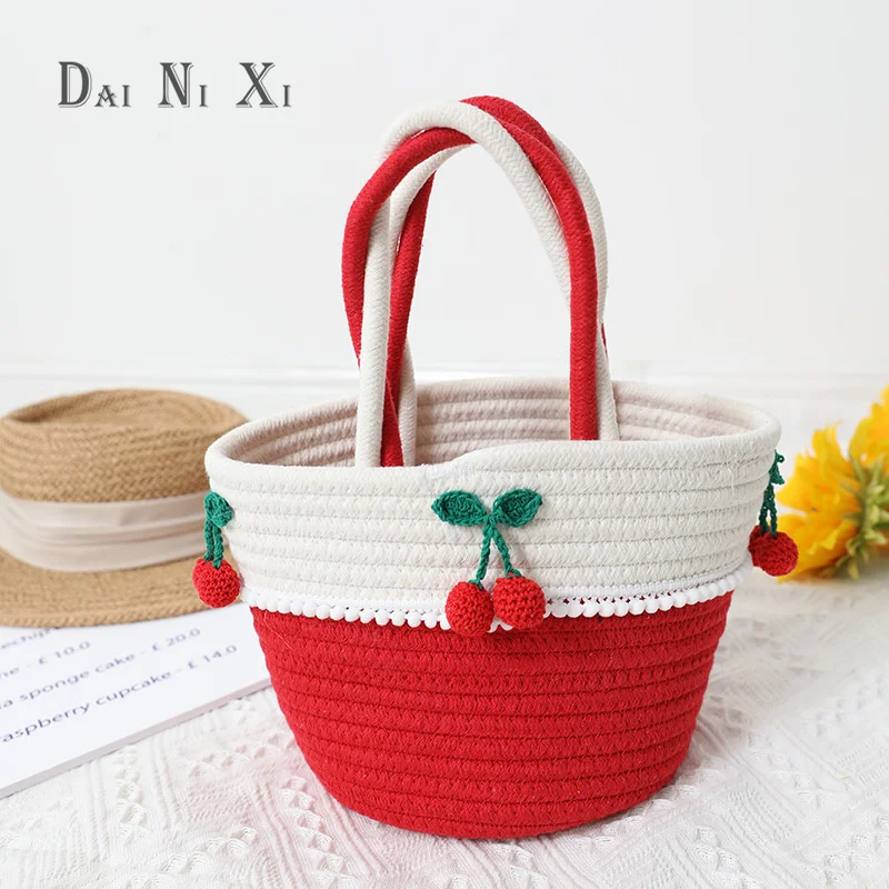 

Cute Cherry Decorate Girls Bucket Tote Bag Handmade Cotton Braided Straw Bag 2022 Summer Seaside Vacation Travel Beach Handbag