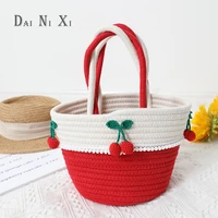 cute cherry decorate girls bucket tote bag handmade cotton braided straw bag 2022 summer seaside vacation travel beach handbag