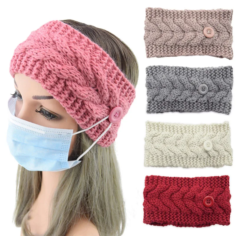 

New Knitted Bow Headband For Women Autumn Winter Warm Headbands Solid Color Elastic Headwear With Button Hair Accessories
