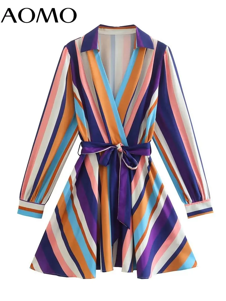 

Женское винтажное платье-рубашка AOMO, офисное платье мини с геометрическим принтом и вырезом-лодочкой, с длинным рукавом, новинка 2022, 2W04A
