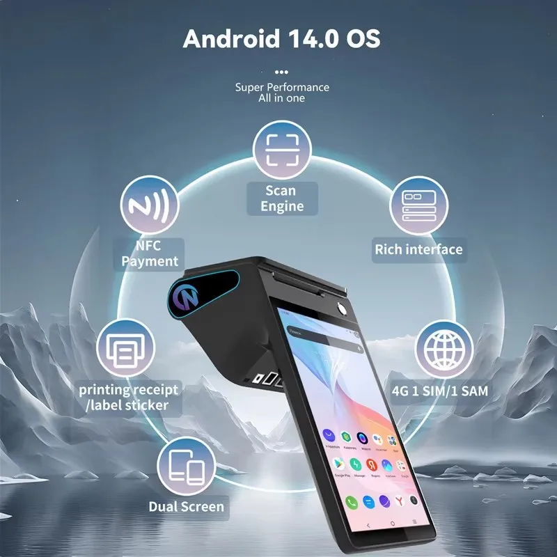 Фото POS-терминал Z108 на Android 14 с двумя экранами, кассовый аппарат для точек продаж, компактный билетный терминал с NFC-сканером и термопринтером 58/80 мм №4