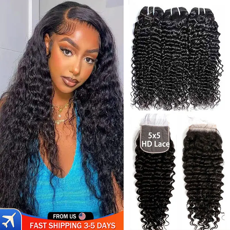 

Deep Wave Bundles With Closure HD Lace Brazlian Weaving 30 Inch Natural Hair Extensions Virgin Human Hair Bundles With Frontal
