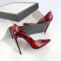 new arrivals red leopard high heel pumps 8 10 12cm pointed toe stiletto heel shoes printed leather women dress shoes large size