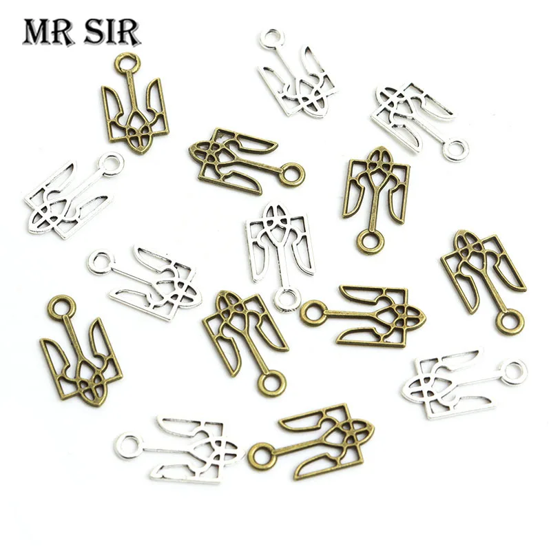

50pcs/Lot Tryzub Vintage Rune Pattern Symbol Alloy Charm Antique Bronze/Silver Color Pendant Jewelry Making Necklace Accessories