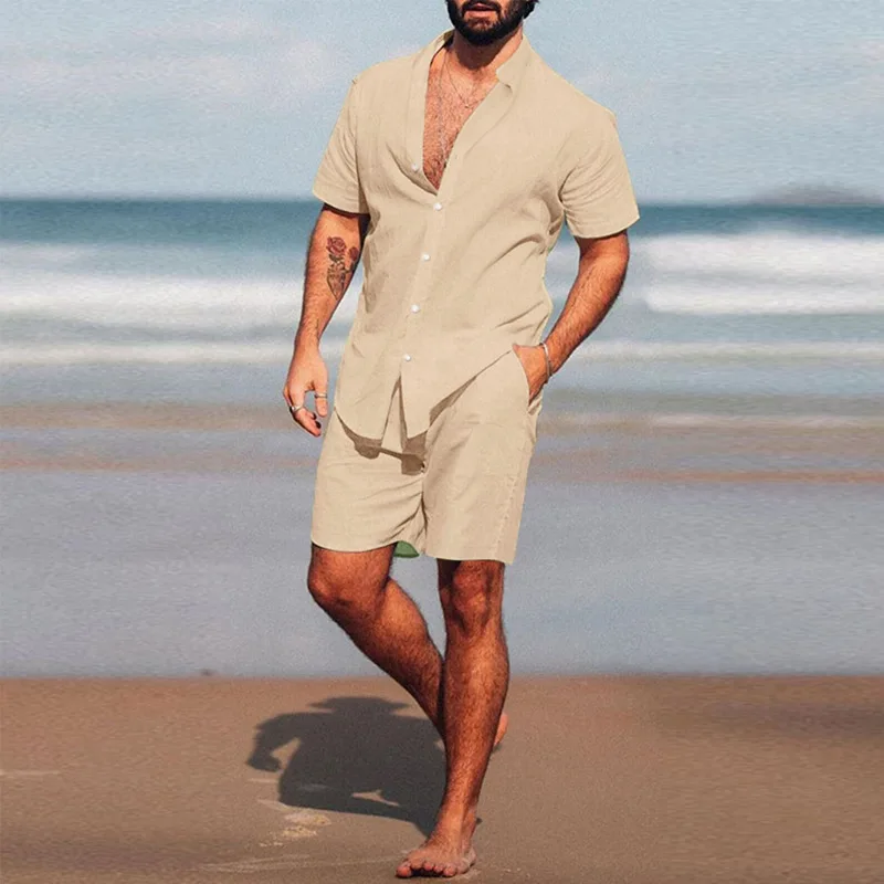 

Summer 2 Pieces Beach Short Sleeve Linen Shirts Shorts Pants Sets With Pockets Beach Casual Shorts Suit Daily Tops Male Outfits1
