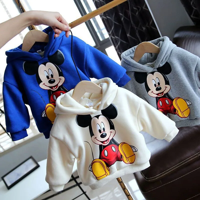 

Disney Mickey Plush Hoodie Kawaii Autumn Winter Boy Girl Thickened Warm Top Kids Clothing Sweatshirt Overcoat Christmas Knitwear