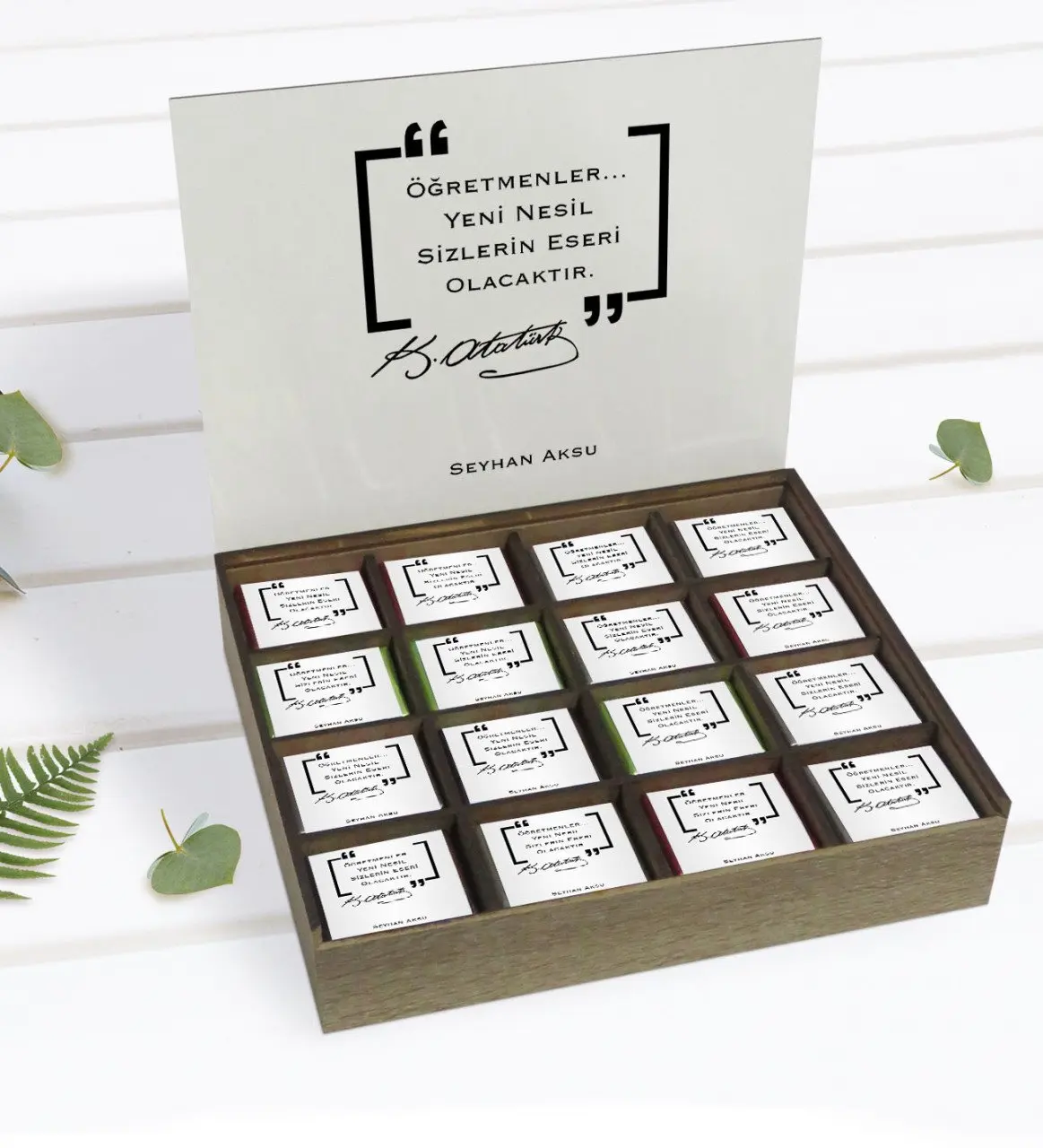 

Персонализированный учитель atatюрк, тисненый в деревянной коробке, 48'li, если бы вы хотели получить подарок шоколада