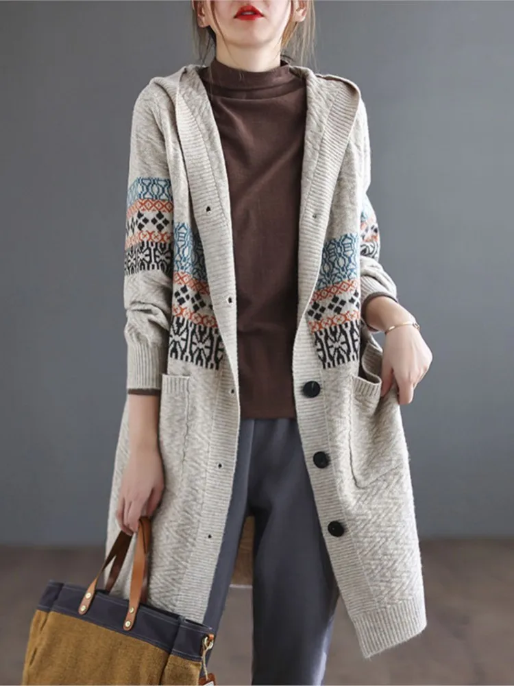 

Женский Теплый вязаный кардиган с капюшоном, винтажный жаккардовый свитер с длинным рукавом, пальто средней длины с карманами, Осень-зима 2023