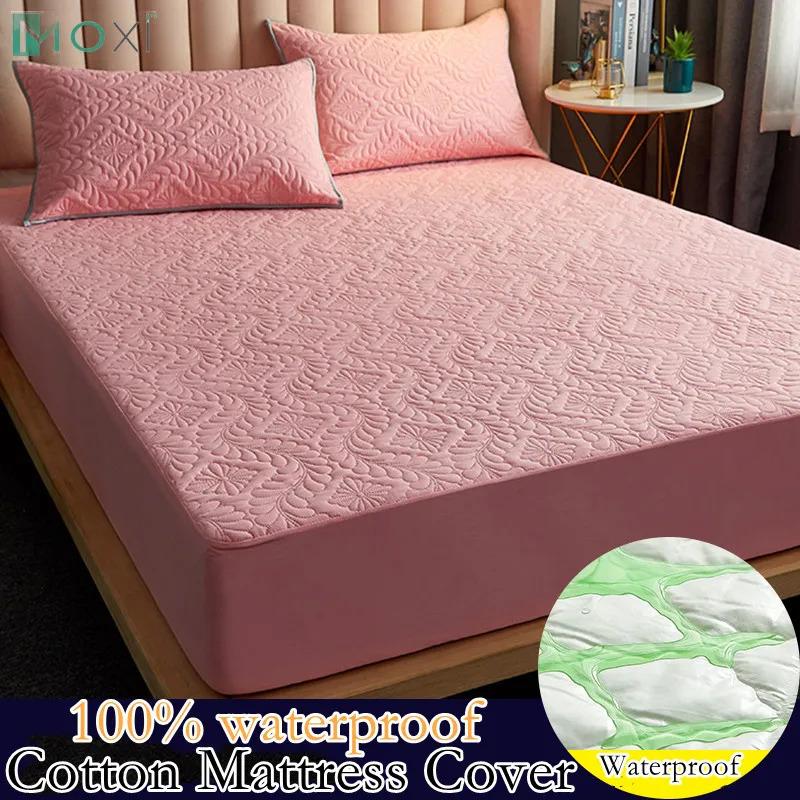 

Large Quilted Waterproof Mattress Cover Fully Jacquard Fabric Mattress Protector Soft Pad Bed Home Decor Luxury Solid Design