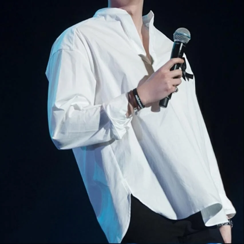 

Spring New Men Streetwear Shirts Hair Stylist Trendy Oversize Loose Coat Male V-neck Long-sleeved Shirt Hombre Plus Size Top