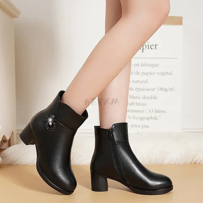 Snow Boot Warmest Non-slip Black Leather Boots Winter New Arrival platform Heels Women Casual Shoes High Heel Snow Boots Women