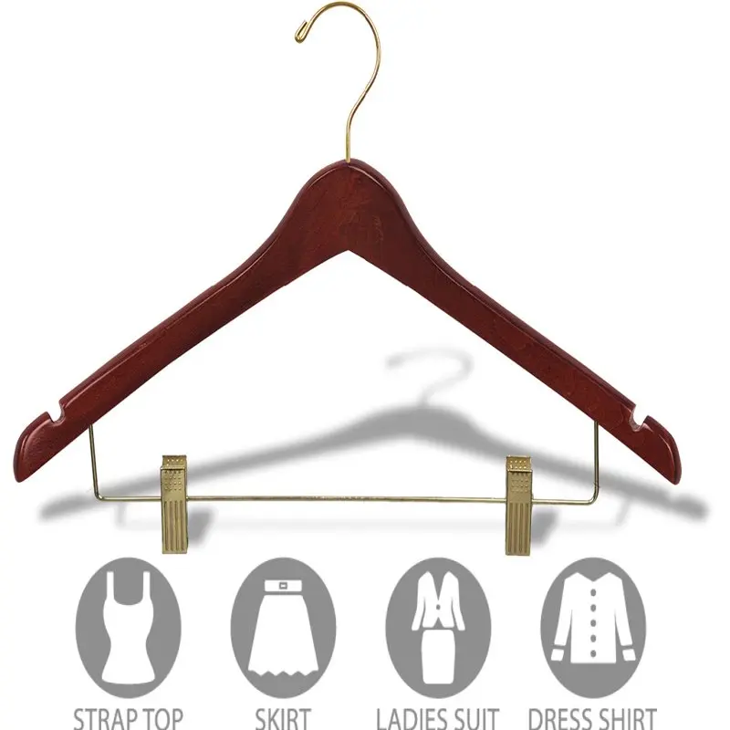 

Изогнутая деревянная Комбинированная Вешалка с регулируемыми зажимами для подушки, коробка из 25, 17 дюймов, деревянные вешалки с орехом и латунными поворотными крючками и насечками