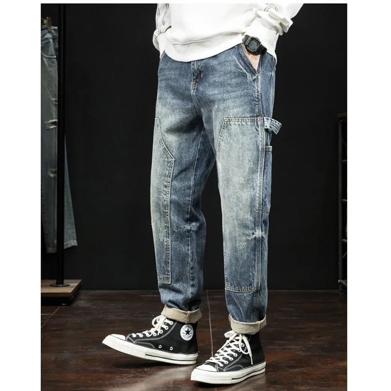 Streetwear Men New Pattern Recreational  Straight Cylinder  Black Jeans Multiple Pockets Large  Loose Trousers Autumn Female Sex