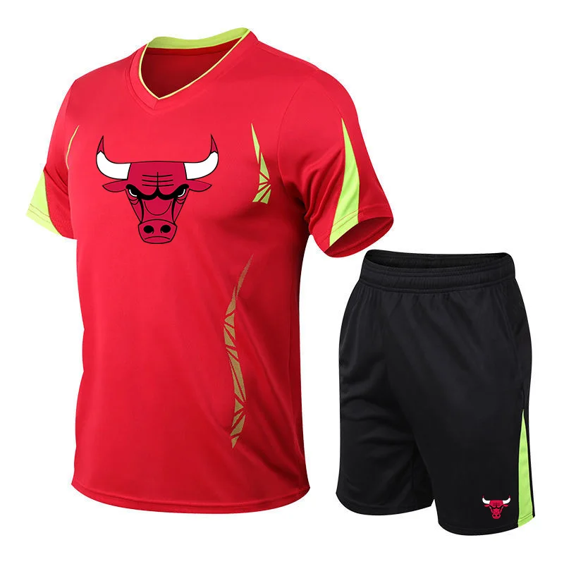 

New Summer Chicago Bulls Tracksuit Men Loose T Shirt with Shorts Together Mens Clothes Football Shirts Keep Cool Sets Size M-5XL