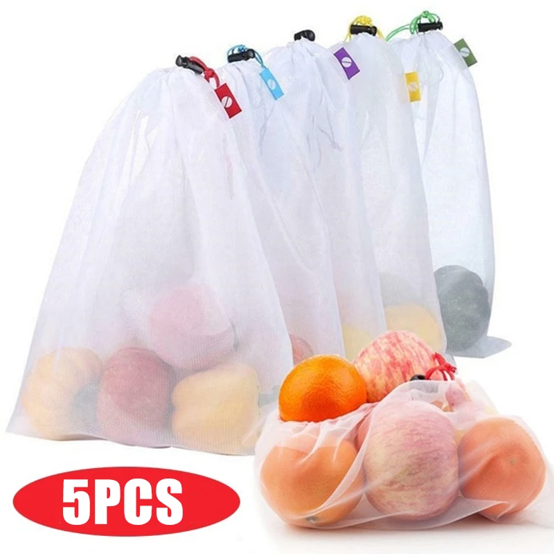 

5pcs Reusable Fruit Vegetable Storage Bags Washable Kitchen Food Organizer Net Mesh Bags Toys Grocery Storage Packaging Bag