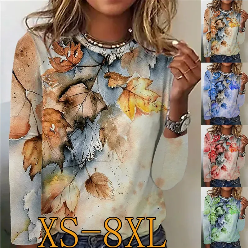 

Women's Casual Fashion Loose Autumn and Winter Sweatshirt Pullover Vintage Flower Print Round Neck Long Sleeved T-shirt XS-8XL