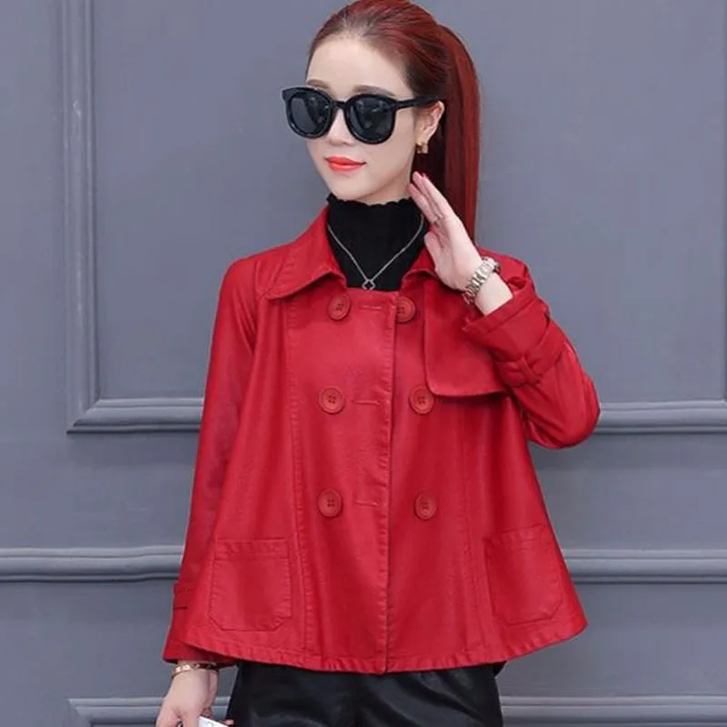 1pcs Womens Short PU Leather Jackets Coat 2022 Autumn New Faux Fur Double-Breasted Splicing Ladies Skinny Locomotive Small Coats