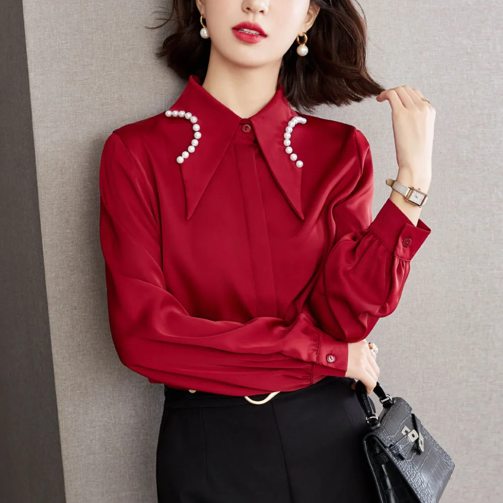 

Женская шифоновая блузка с длинным рукавом, элегантная красная Повседневная офисная блузка с жемчугом и бусинами, осень 2022