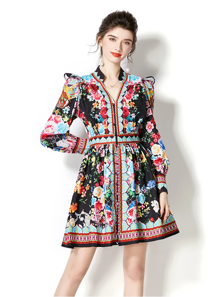 

Runway Summer Holiday Short Dress Women Clothing Female Ruffles V-Neck Lantern Sleeve Flower Print Single Breasted Mini Vestidos