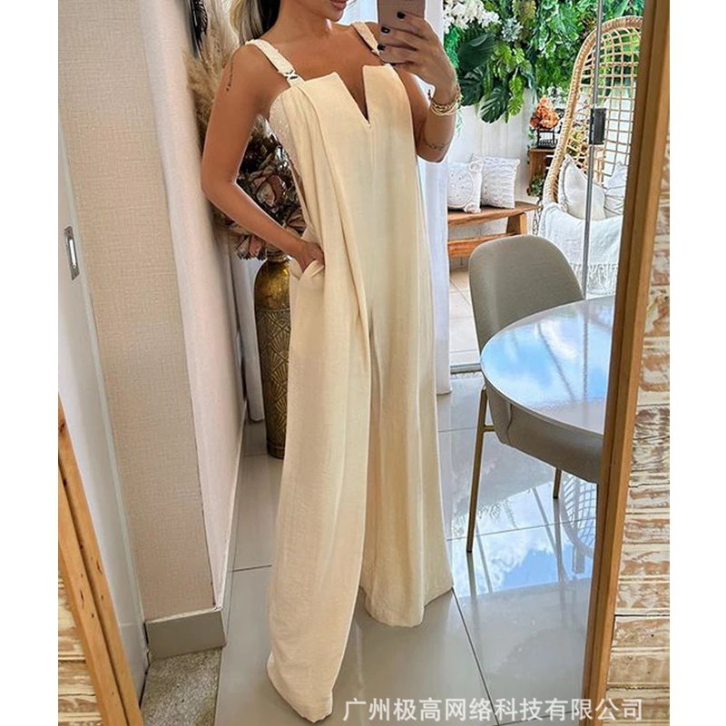 

Женский комбинезон без рукавов, Асимметричный свободный комбинезон с широкими штанинами и карманами, весна-лето