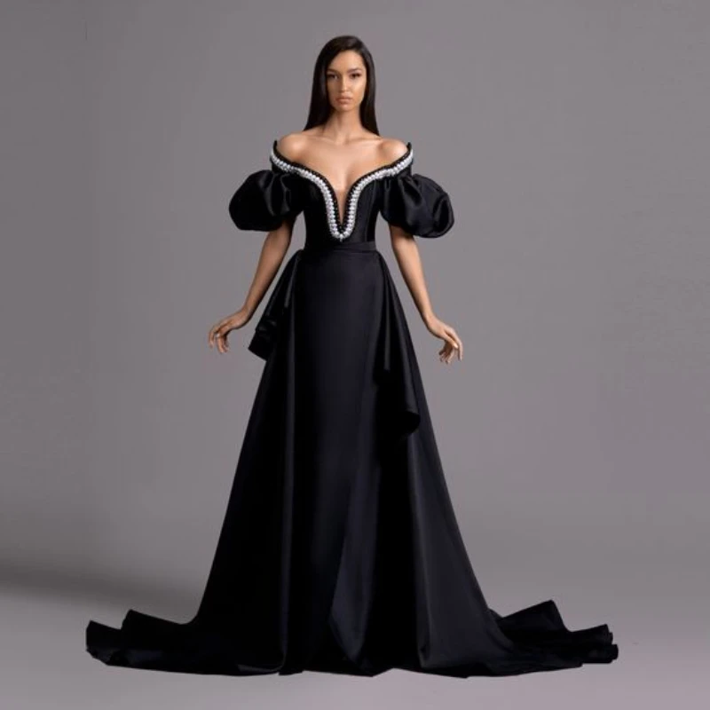 

Dubai Designs Prom Gowns Flare Sleeves Pearls Pleated Abiye robe de soiree Satin Saudi Arabic Formal Dresses Black V Neck