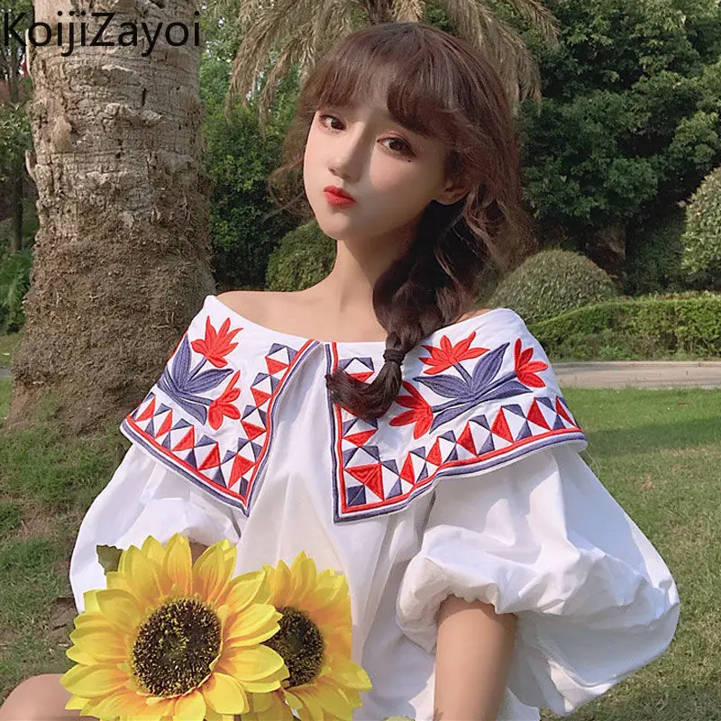 

Koijizayoi Plus Size Retro Women's Korean Shirt Cotton Embroidery Lantern Sleeves Vintage Blouse Loose Female Daily Outwear Tops