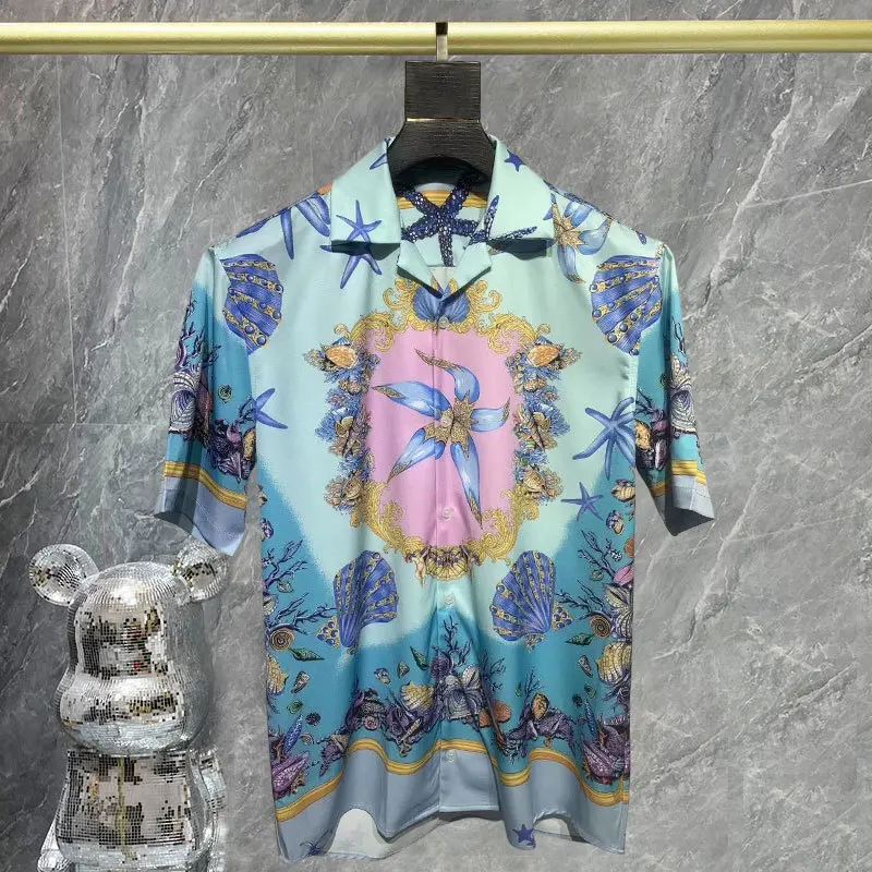 Рубашка мужская с контрастным принтом океана и короткими рукавами праздничная