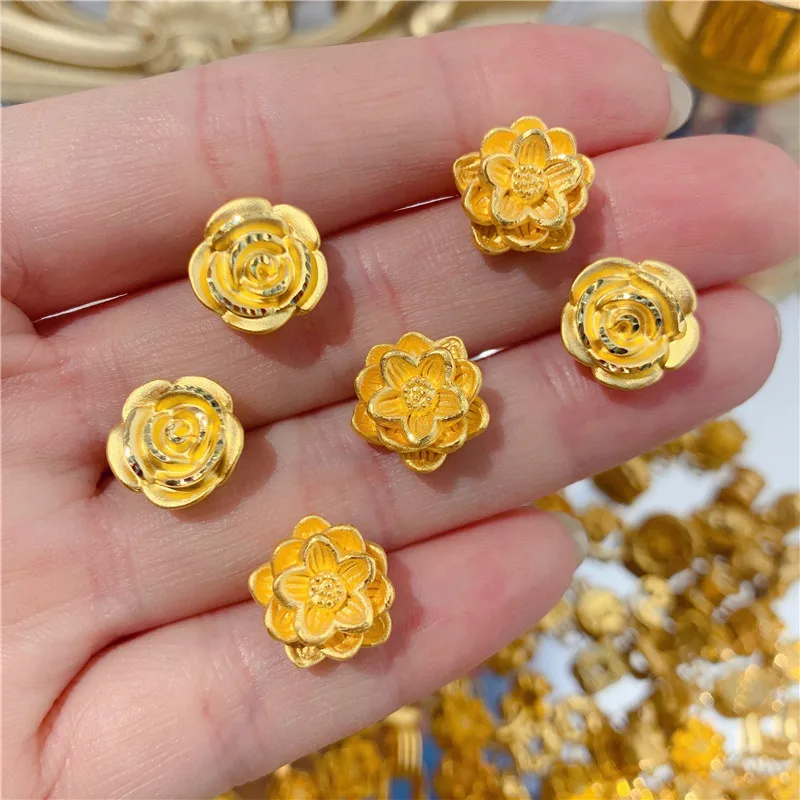 

1pcs Real 24K Yellow Gold Pendant 3D Hard Gold Lotus Beads DIY Rose Make Bracelets Men's Jewelry Upscale Mother Gift