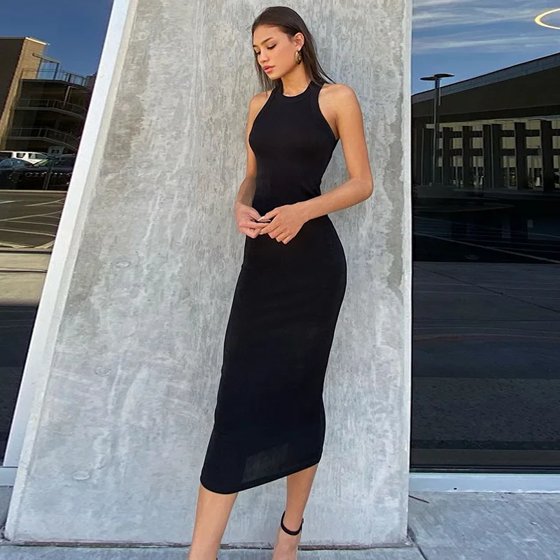 

Women's Dress Elegant Halter Sleeveless Long Dress Summer Solid Color High Waist Slim-Fit Party Dresses