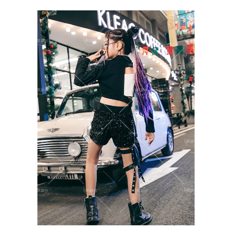 Новый танцевальный костюм для девушек черно-серебряные блестки модный джазовых