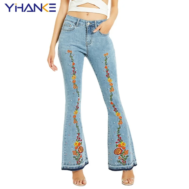 

Luxury High Quality Embroidery Flare Jeans Women Elasticity Released Hem Jeans Stretching Women Jeans Large Size Flared Pants