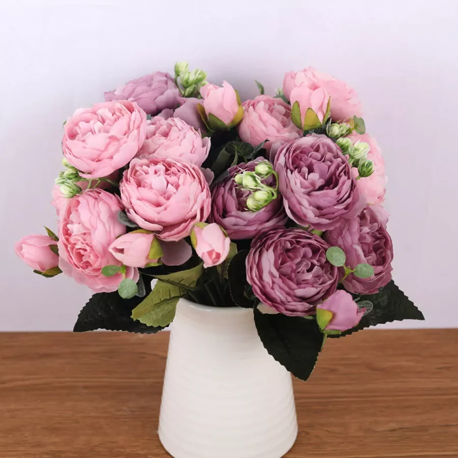 

NEW IN 30cm Rose Pink Silk Bouquet Peony Artificial Flowers 5 Big Heads 4 Small Bud Bride Wedding Home Decoration Fake Flowers F