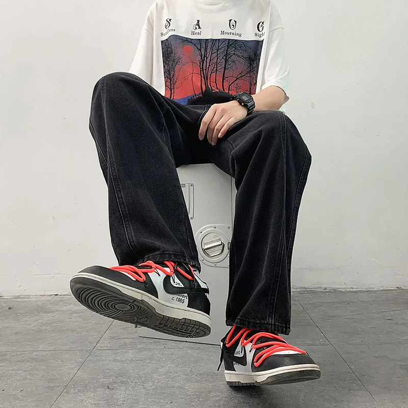 Blue/Black Jeans Men Fashion Casual Straight Jeans Mens Japanese Streetwear Loose Hip Hop Baggy Denim Pants Mens Trousers S-2XL