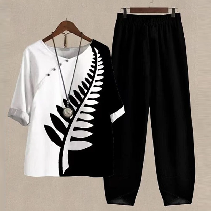 

Women O Neck Printed Shirt&Large Size Trousers Suits 2023 Spring Casual Loose Two-piece Set Vintage Office Lady Outfits Harajuku