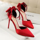 Женские босоножки на высоком каблуке 10 см, атласные шелковые бордовые туфли-лодочки с бантом-бабочкой, красные туфли с острым носком для невесты, большие размеры, лето 2022