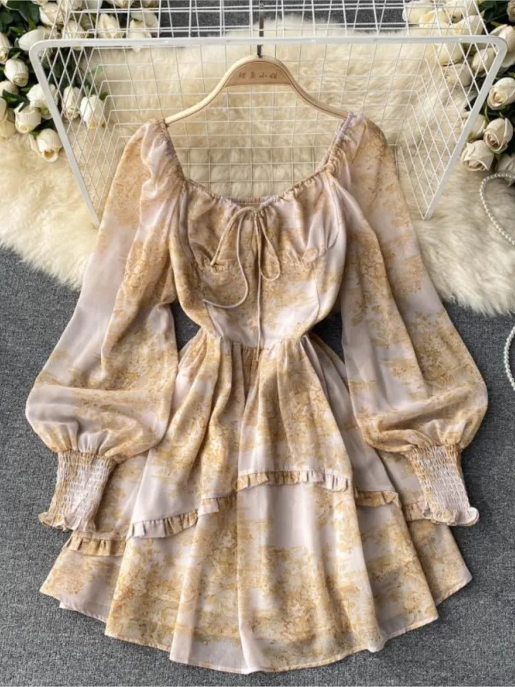 

Женское винтажное мини-платье с цветочным принтом, элегантное платье с рукавами-фонариками, новое платье с рюшами, модель 2023 года, Женское Платье макси с квадратным вырезом и шнуровкой