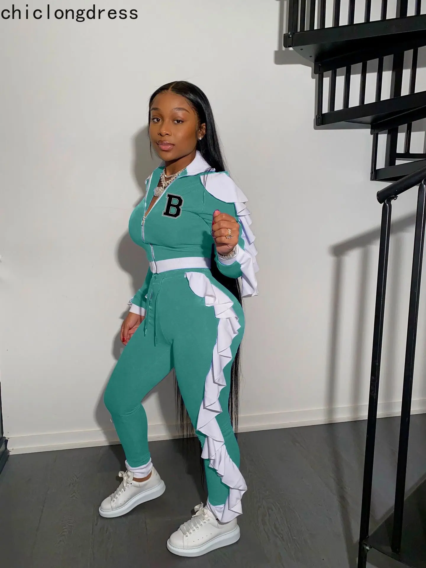 

Autumn Winter Fashion Street Sport Style Two Piece Set Women Casual Zipper Top Ruffles Leggings 2 Piece Suit Women