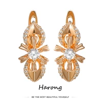 harong aesthetic rose gold color copper earrings inlaid crystal sparkling bow flowers stud earrings jewelry gift for women girls
