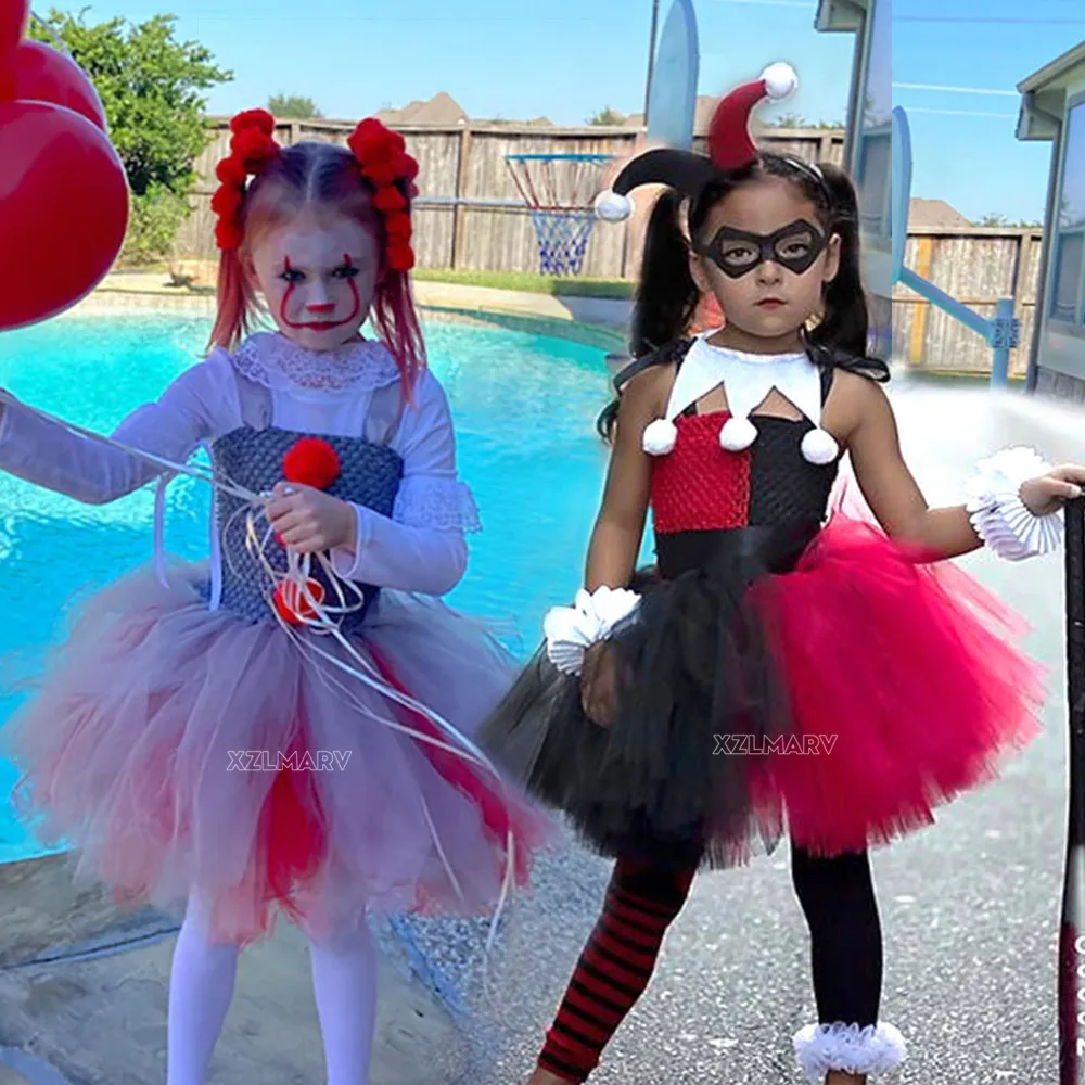 

Gray Girls Halloween Costume Tutu Dress Creepy Clown Kids Carnival Party Cosplay Clothing Children Tulle Fancy Dress Up 2-12Year